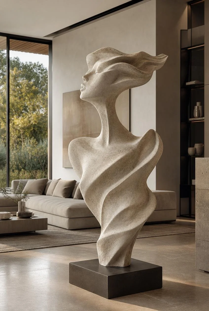 yellow sandstone sculpture with abstract female bust in luxury villa