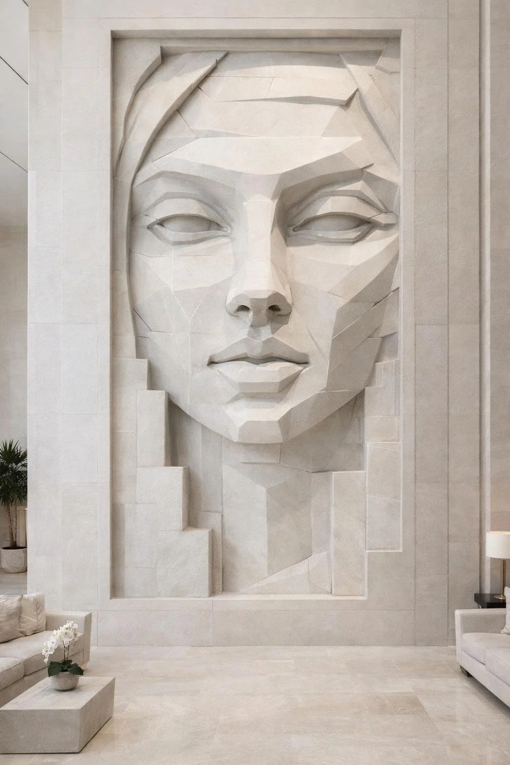 Large white marble contemporary wall relief sculpture. Female face in cubist style. Unique piece, ideal for luxury architectural interiors. Solaro Art Collection