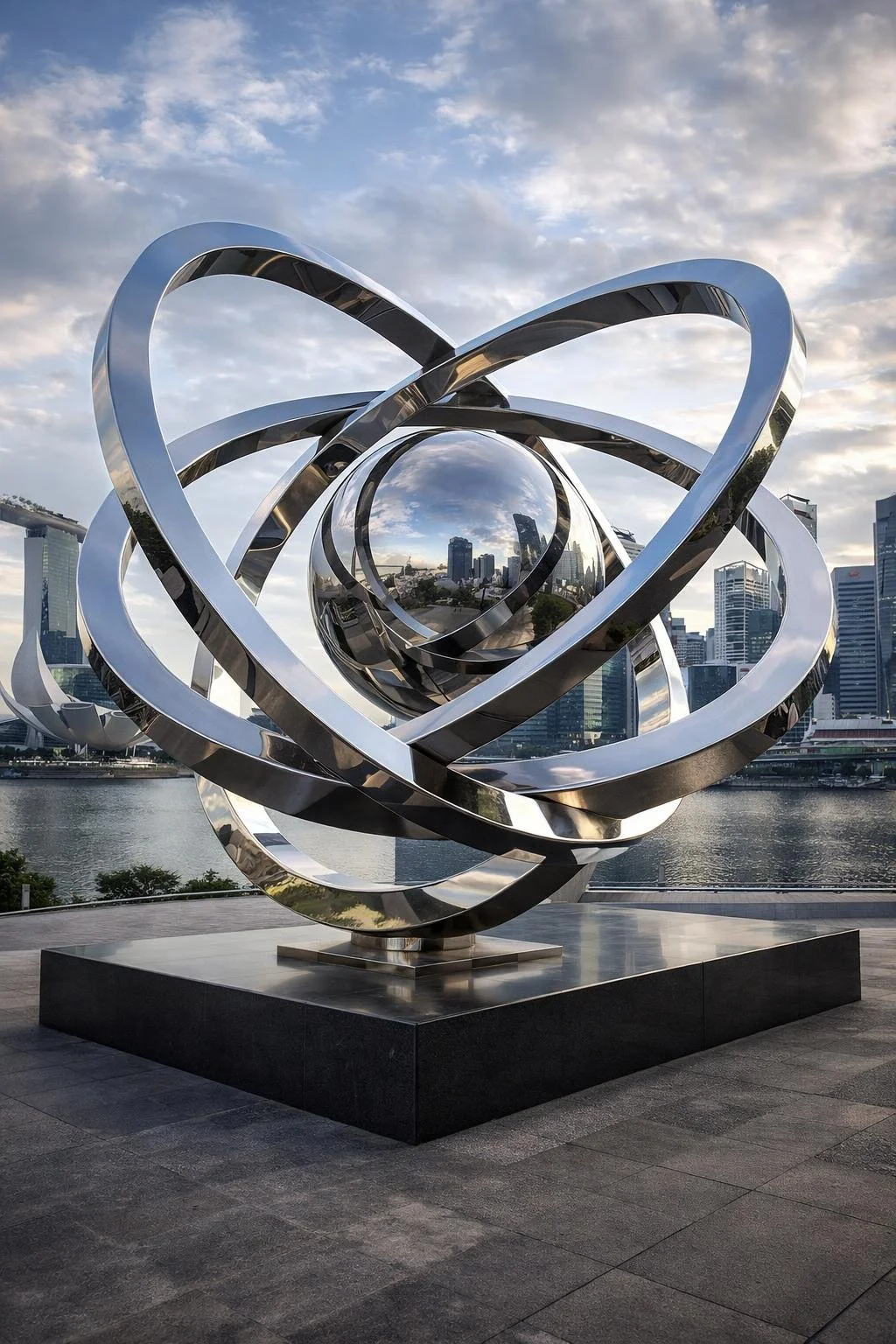 A modern outdoor sculpture resembling an atom with metallic rings and a reflective sphere in the center, with city skyscrapers and a river in the background under a cloudy sky.