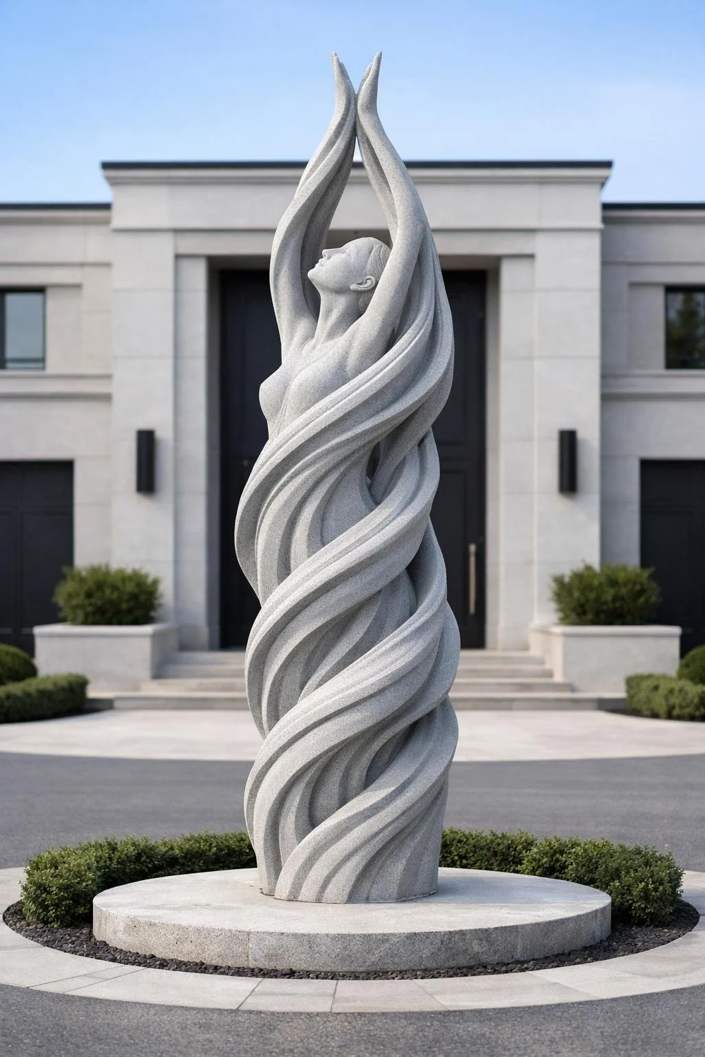 An abstract masterpiece featuring a feminine silhouette entwined in a dynamic, sweeping spiral. This monumental work symbolizes the fluid transition between raw matter and spiritual grace