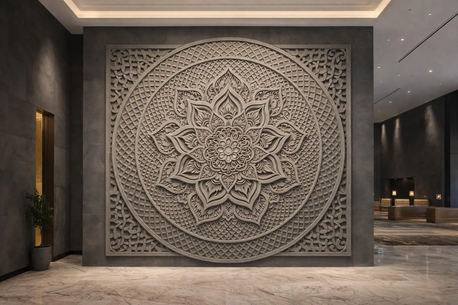 Colossal circular Mandala wall sculpture for luxury hotels or wellness interiors. Solaro Art Collection