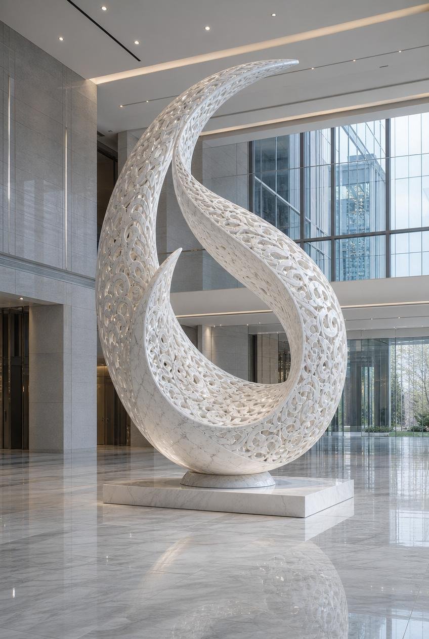 Large Marble Arabesque sculpture placed in a luxury corporate lobby