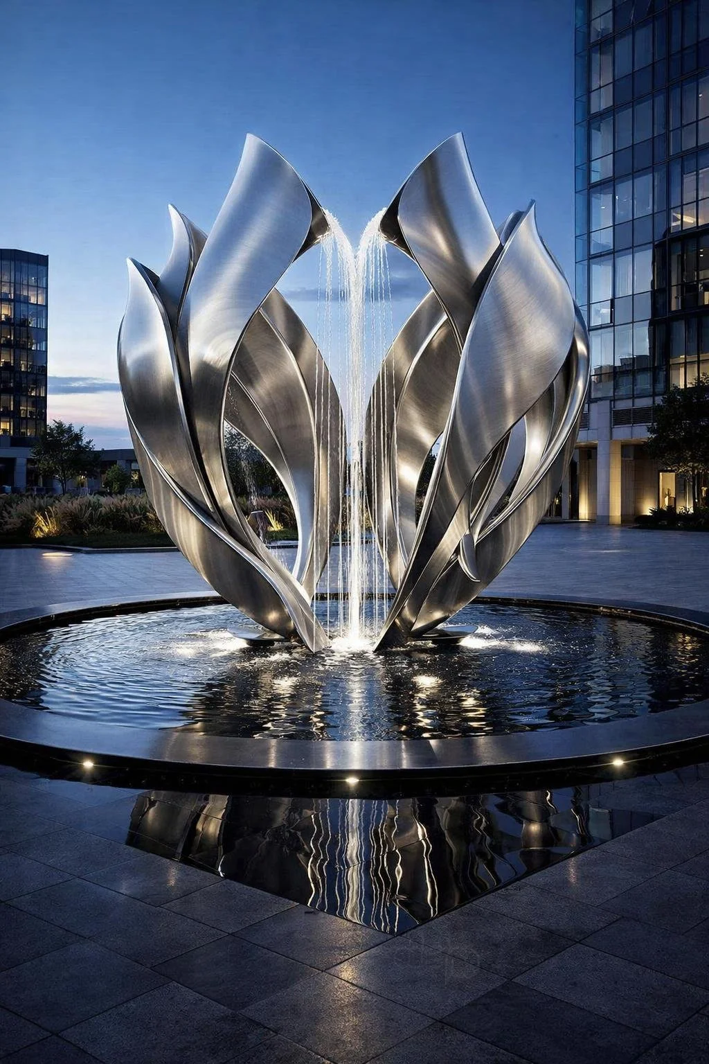 Monumental flower fountain sculpture in metal. Solaro Art Collection