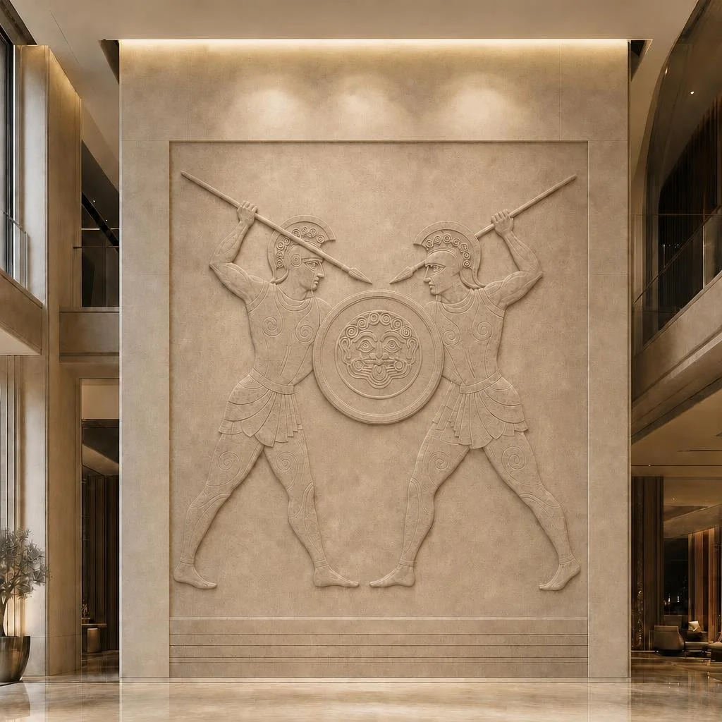 Grand-scale stone wall relief of a  Spartan Battle between two Greek Warriors