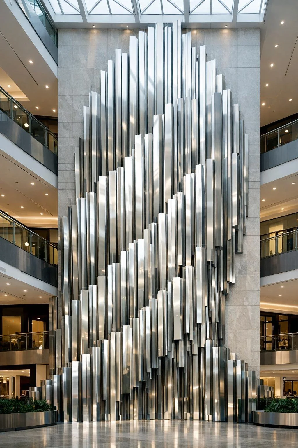 Custom monumental metal wall sculpture for luxury architectural interiors. Solaro Art Collection