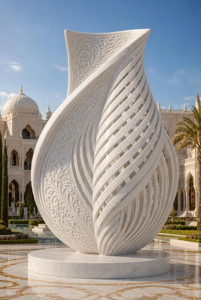 A white marble sculpture with intricate arabesque  carvings and swirling patterns, located outdoors with a grand building and palm trees in the background.