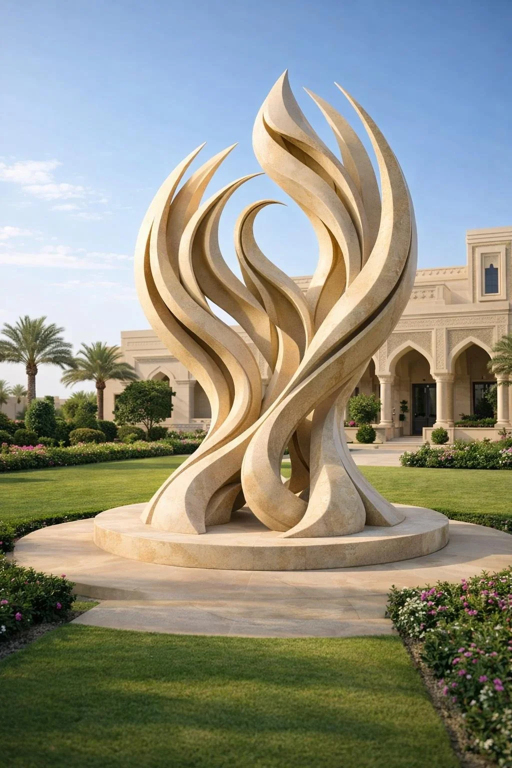 Colossal fluid organic garden sculpture in natural sandstone. For luxury gardens, unique masterpiece made to order. Solaro Art Collection