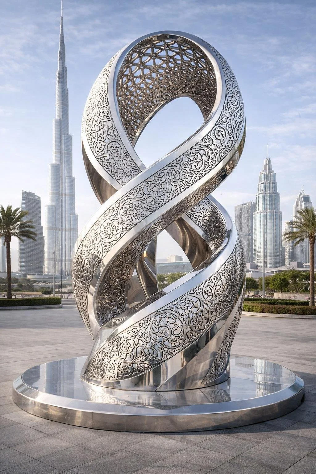 Monumental Spiral Sculpture with arabesque patterns in polished metal. Perfect for Modern Urban Projects. Solaro Art Collection