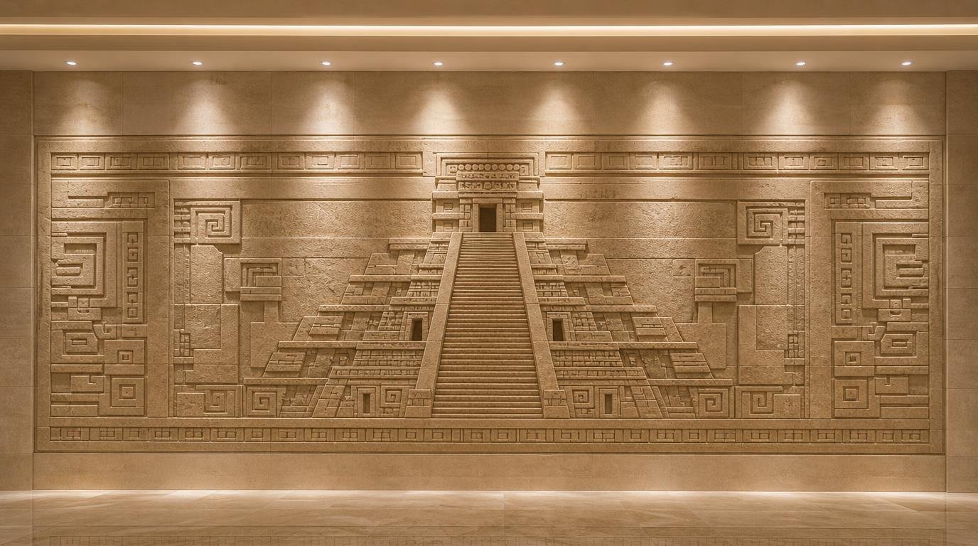 Monumental Mayan inpired Temple Wall Sculpture in natural sandstone - Solaro Art Collection