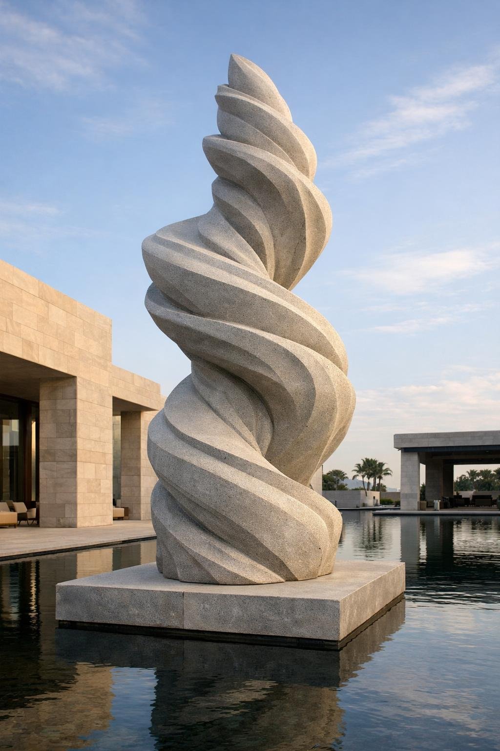 A tall, spiral-shaped stone sculpture stands on a platform in a pool of water, with a modern building and palm trees in the background under a blue sky.