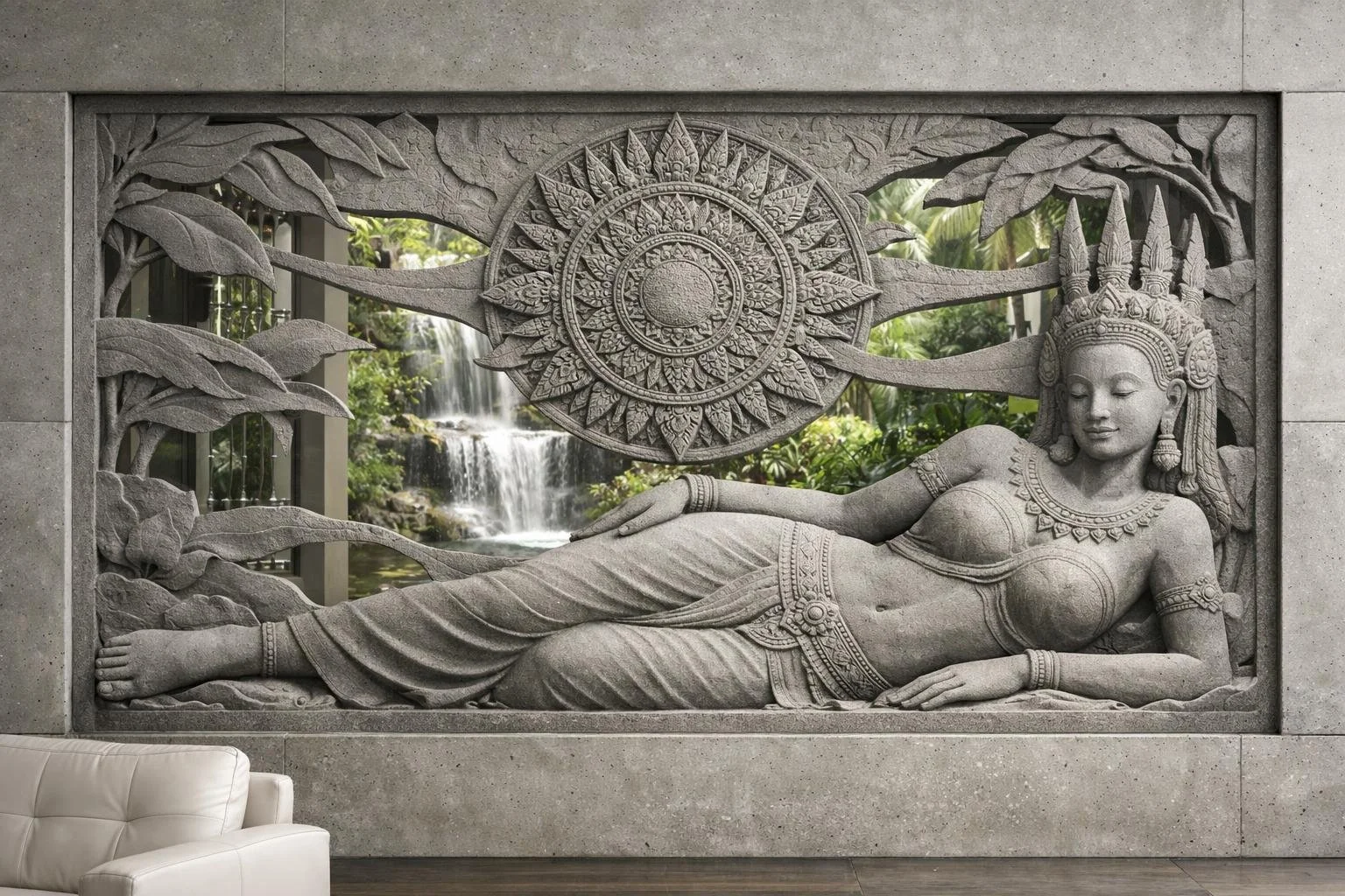 Stone relief sculpture of a reclining Divine Apsara woman with an elaborate headdress, with a background of greenery and waterfall visible through the open space.