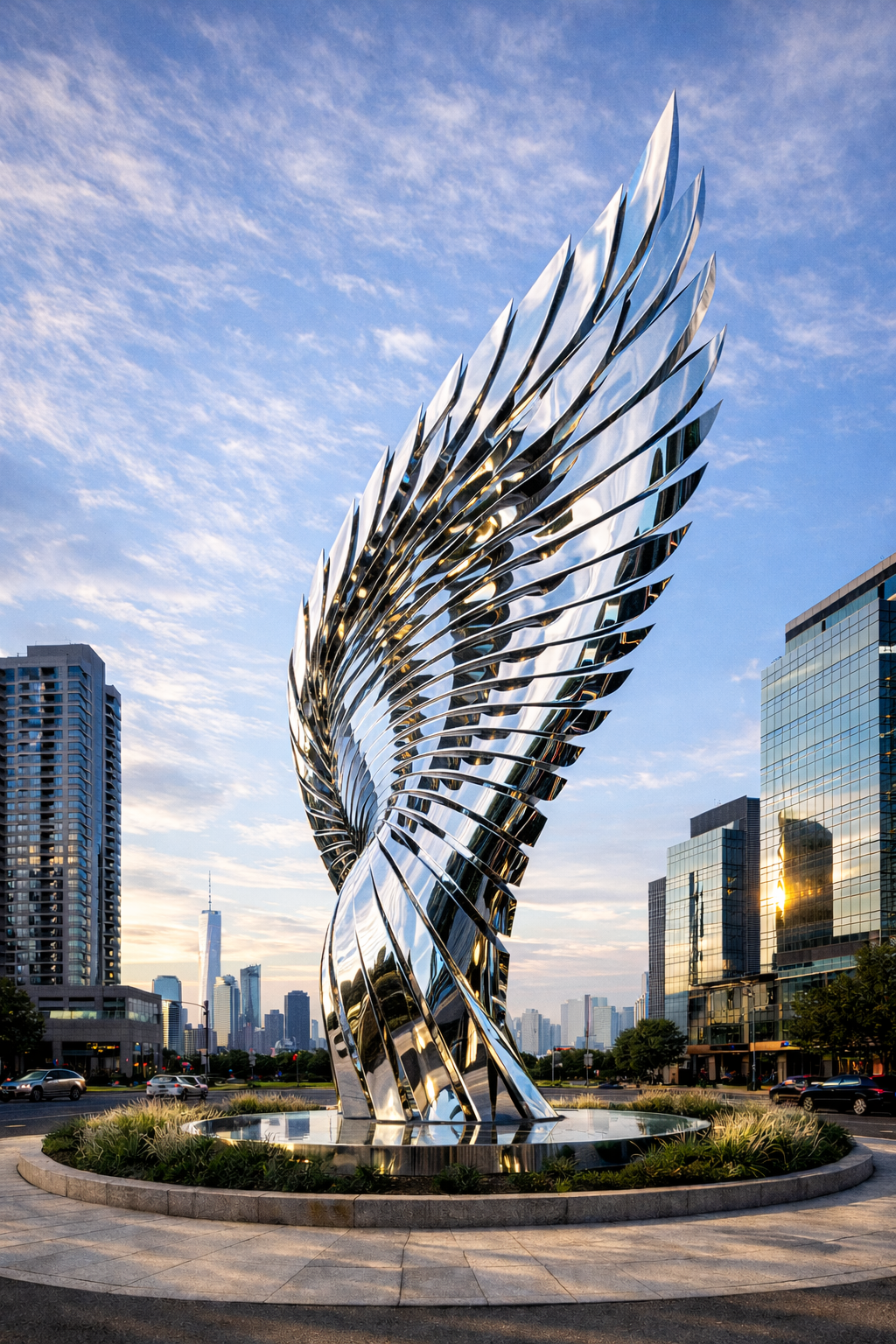 A large, modern, metallic sculpture resembling a pair of angel wings in an urban setting with skyscrapers and a city skyline in the background.