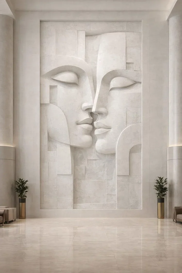 Large marble wall sculpture of two faces close together, touching noses, in a modern interior space with potted plants and seating.