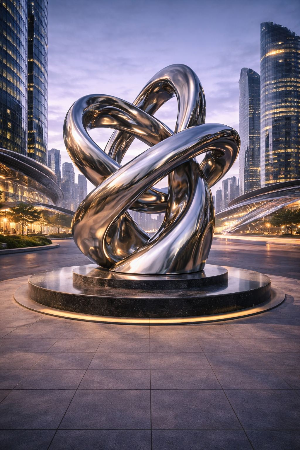 A large modern abstract stainless steel sculpture with interlinked loops, situated in an urban plaza surrounded by tall glass skyscrapers at dusk.