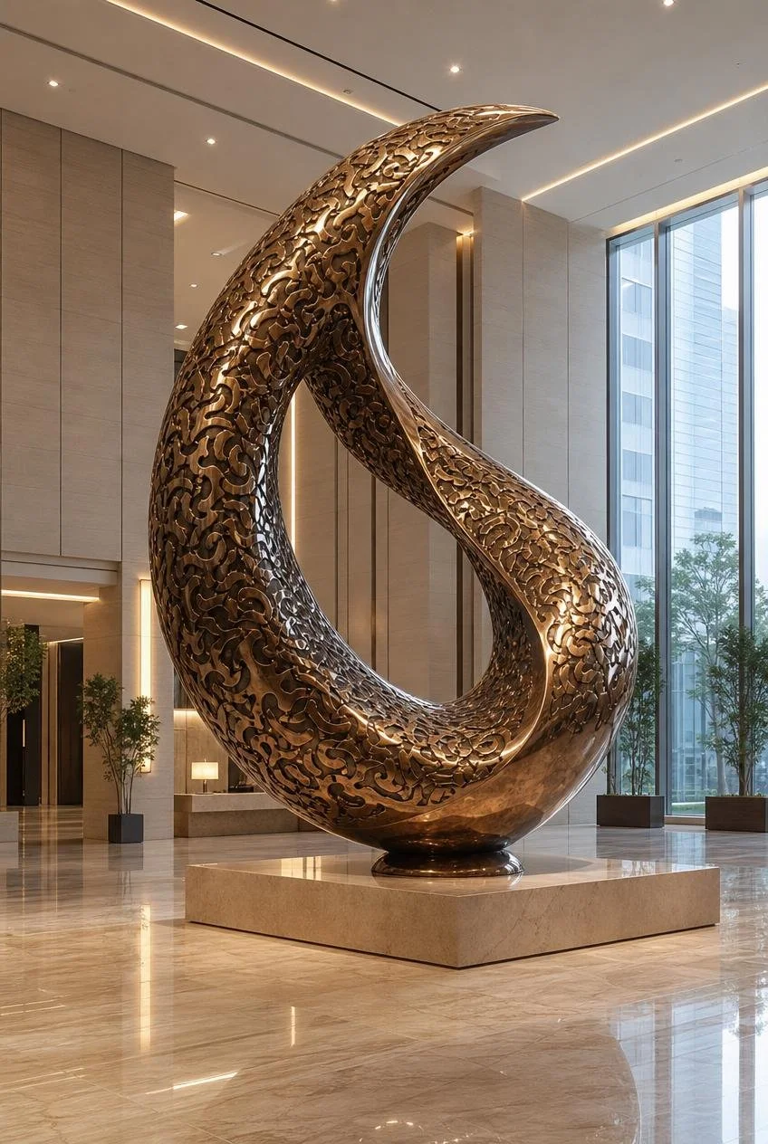 Bronze large arabesque sculpture in corporate lobby