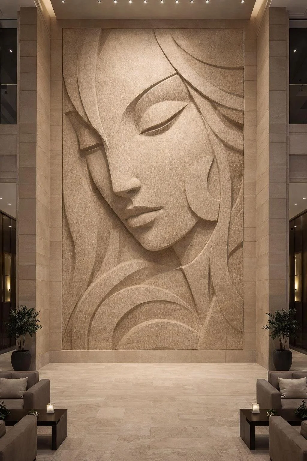 Digital concept design: Graceful monumental deep relief stone-carved wall sculpture,  Abstract female face. Solaro Art Collection