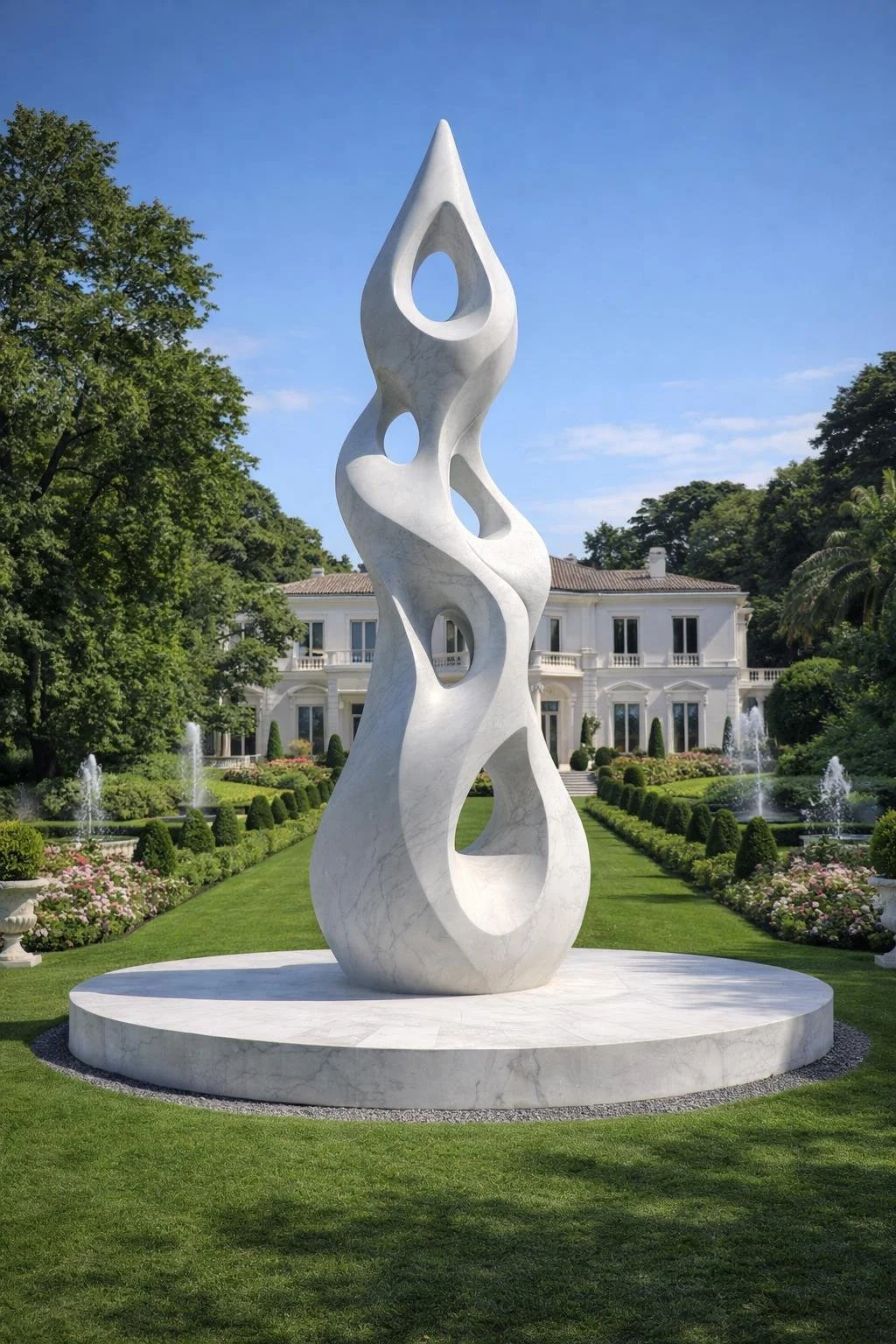 Grand-scale white marble outdoor sculpture, organic-abstract style for luxury gardens or public spaces. Solaro Art Collection