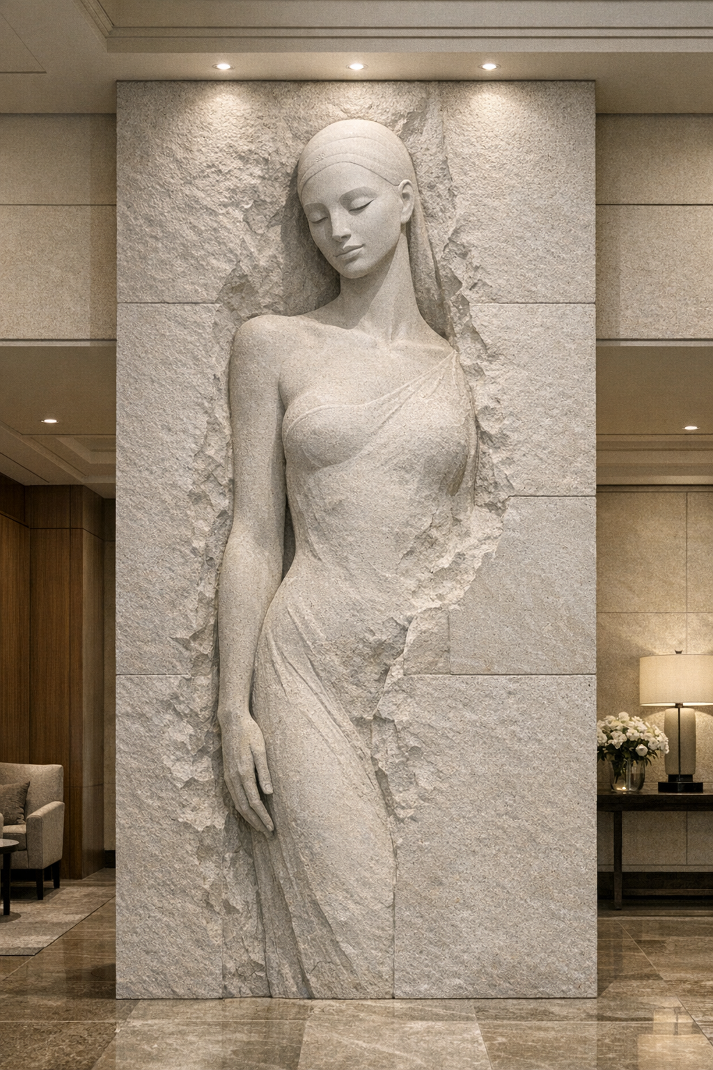 Vertical five-meter-high sculpture featuring a semi-abstract female silhouette emerging from the stone. A calm and serene presence, where soft, flowing forms contrast with the raw mineral texture.  By Solaro Art Collection