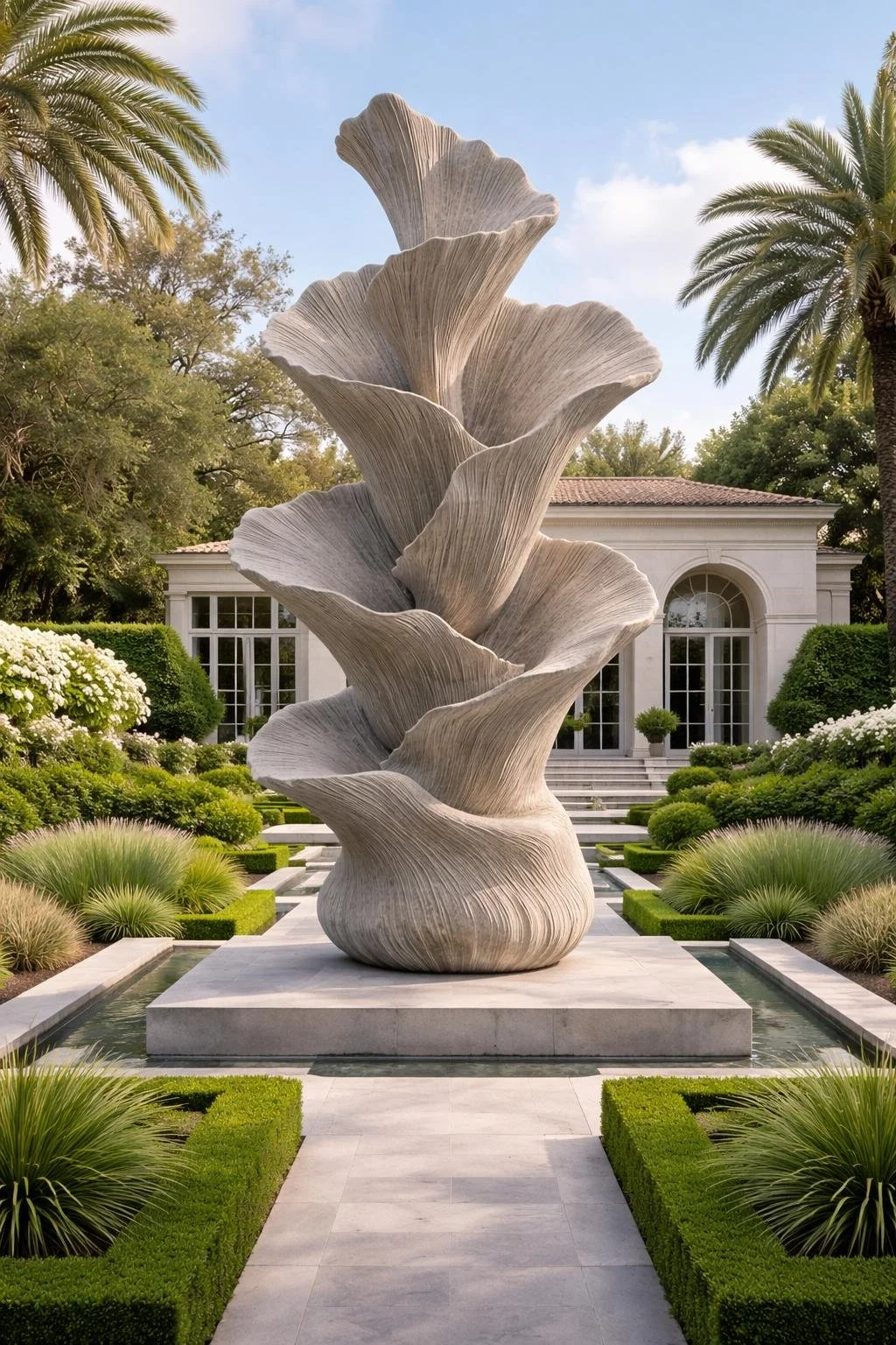 Custom large-scale biophilic outdoor sculpture in yellow sandstone. Solaro Art