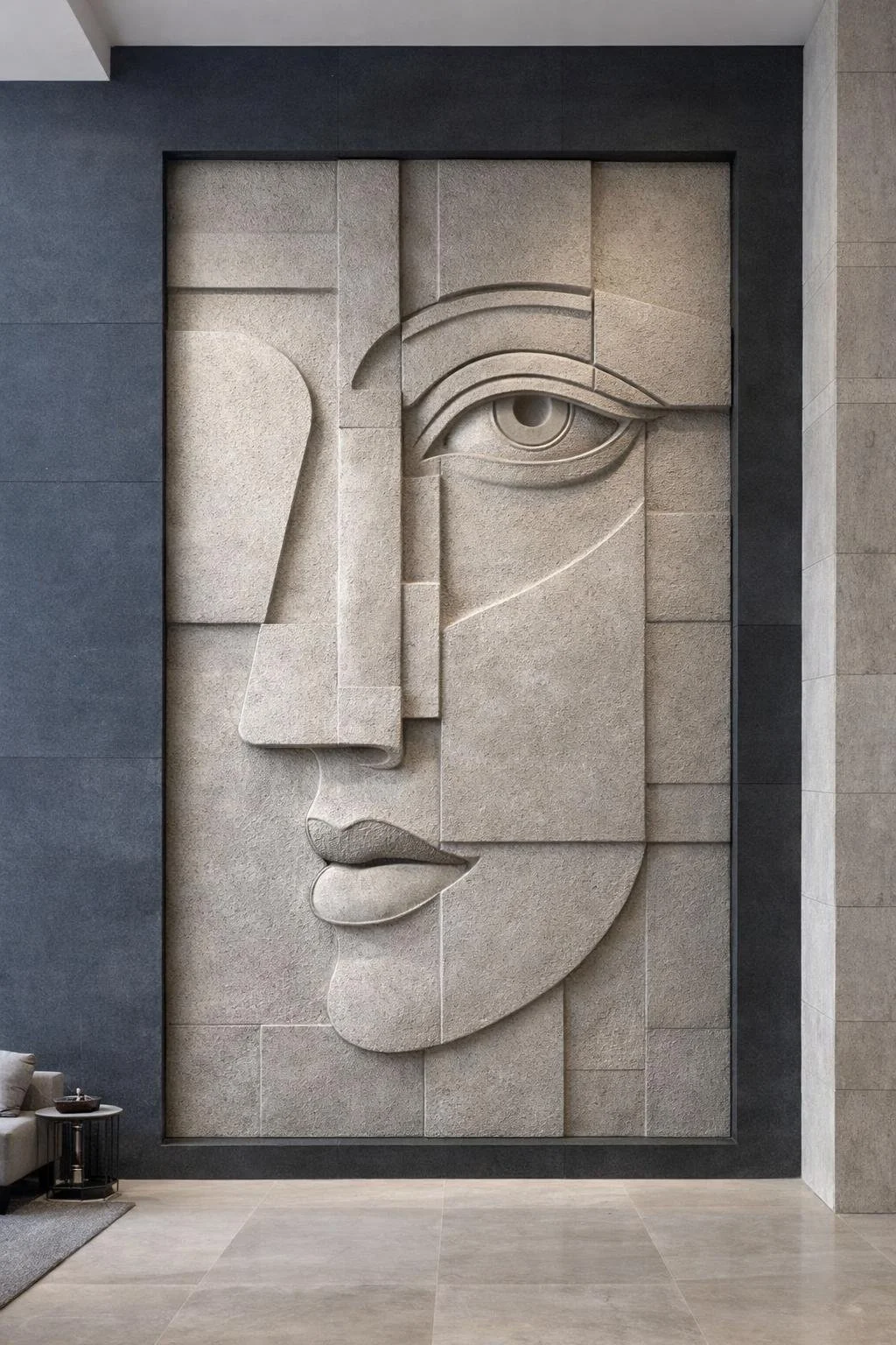 Monumental vertical wall sculpture , grey sandstone, cubist abstract face style. Perfect for luxury hotels or architectural integration. Exclusive digital concept for sale. Solaro Art Collection