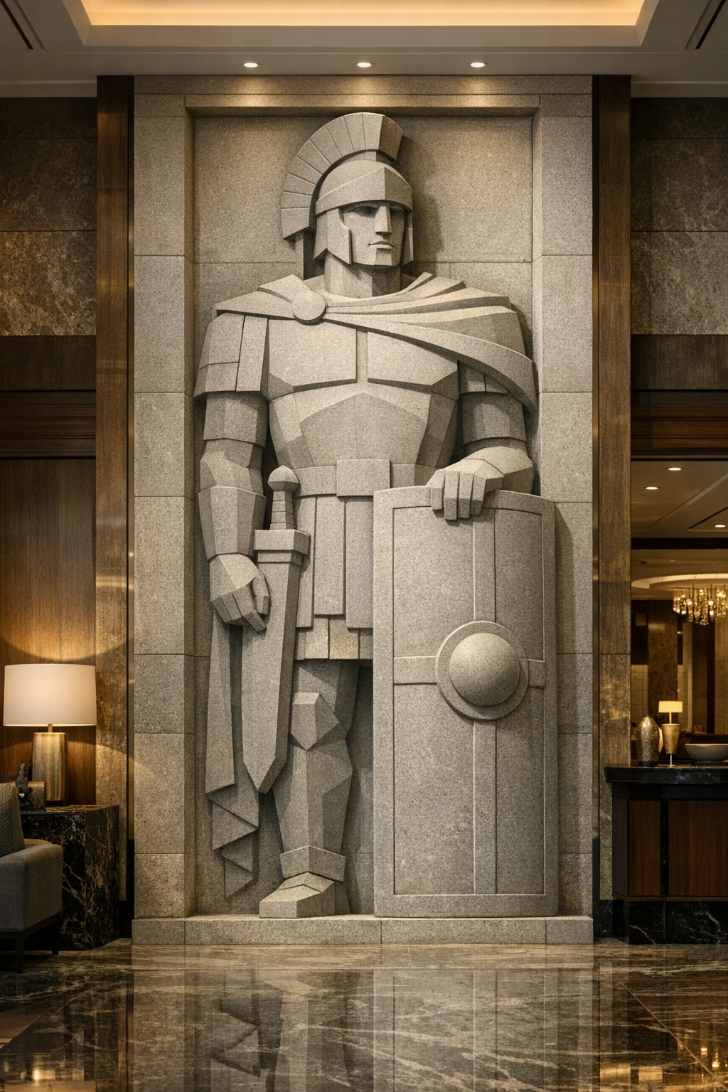 A large stone sculpture of a medieval knight in armor holding a sword and shield, installed on a wall in a luxurious interior space.