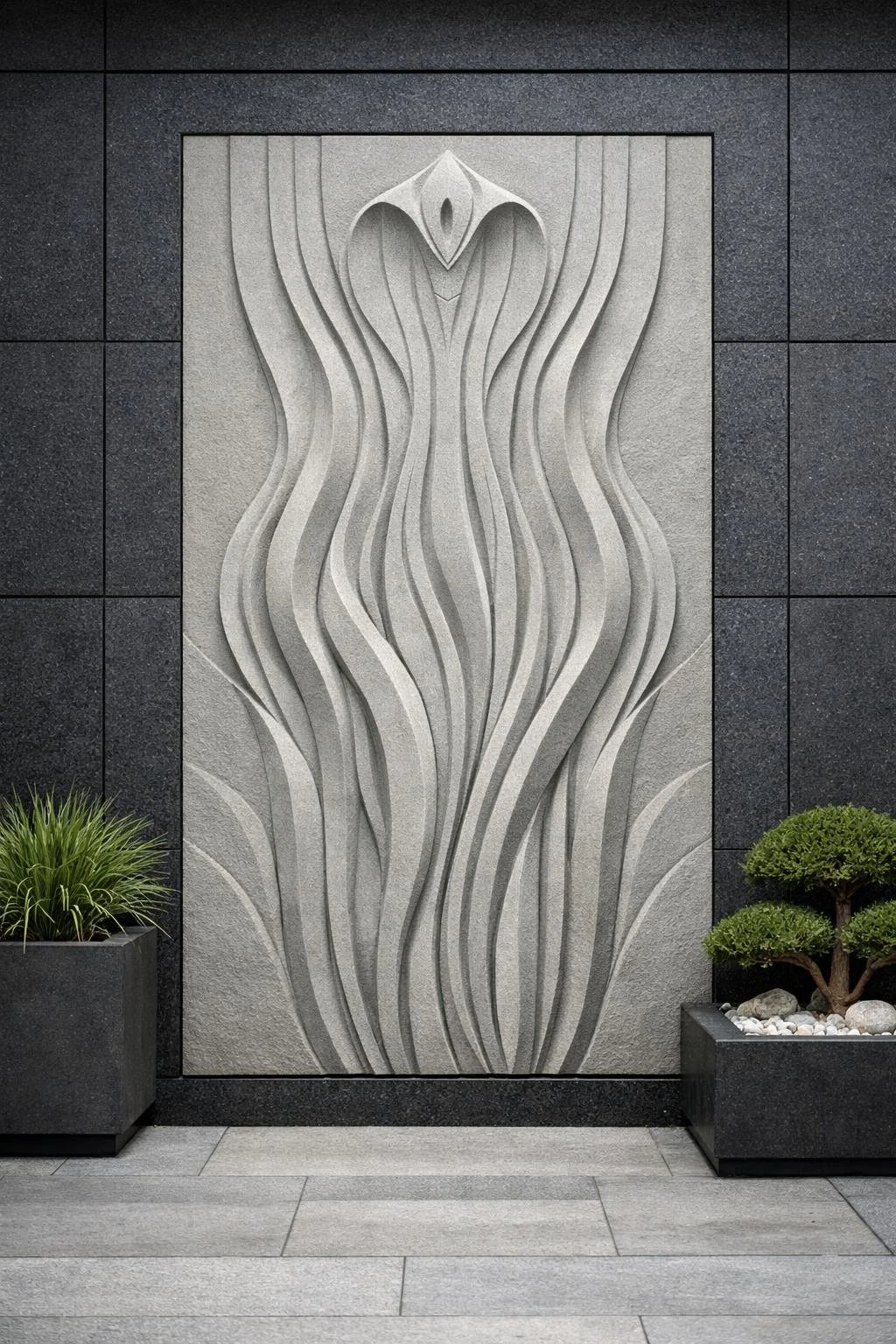 This monumental 3.5-meter vertical relief features an abstract serpent-like form composed of energetic waves rising toward the sky. The sculpture is masterfully carved from grey sandstone