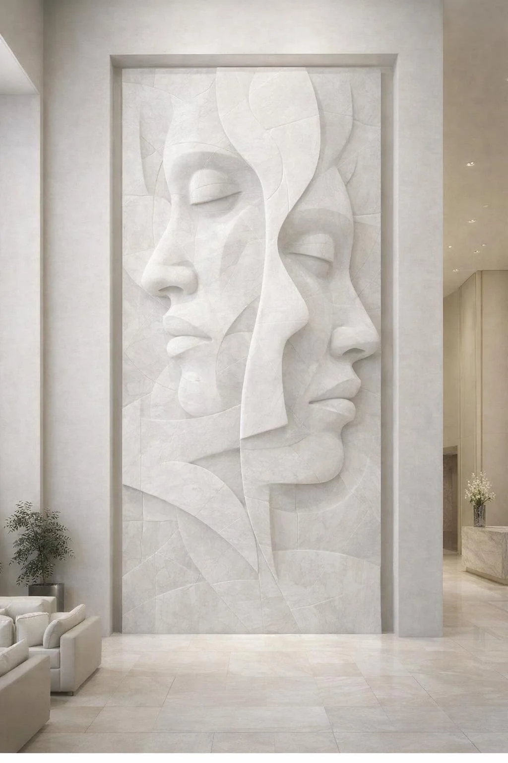 Contemporary wall sculpture for hotels or luxury architectural spaces. Cubist-abstract style,White marble