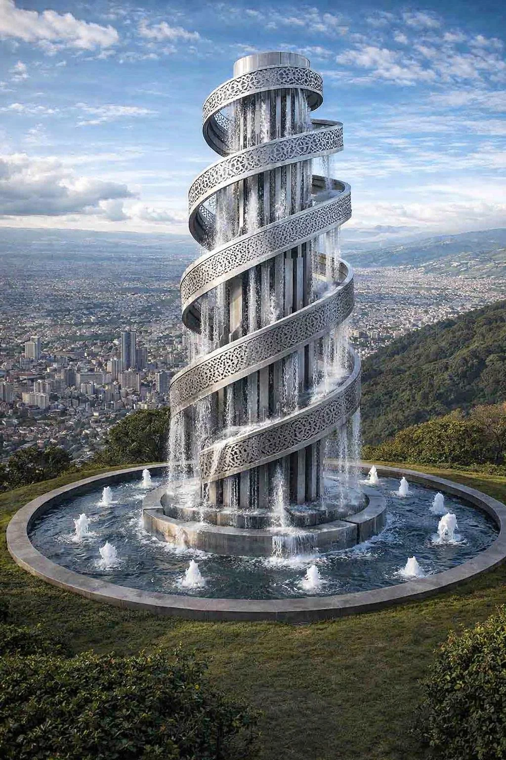 Monumental Water fountain tower sculpture in metal for urban projects. Solaro Art Collection
