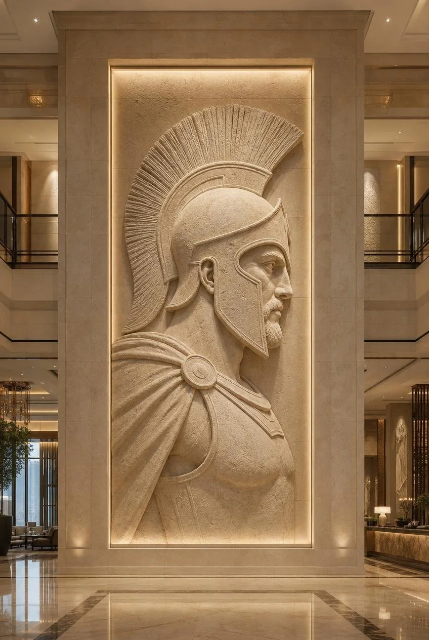 Impressive Spartan soldier profile wall sculpture in natural stone