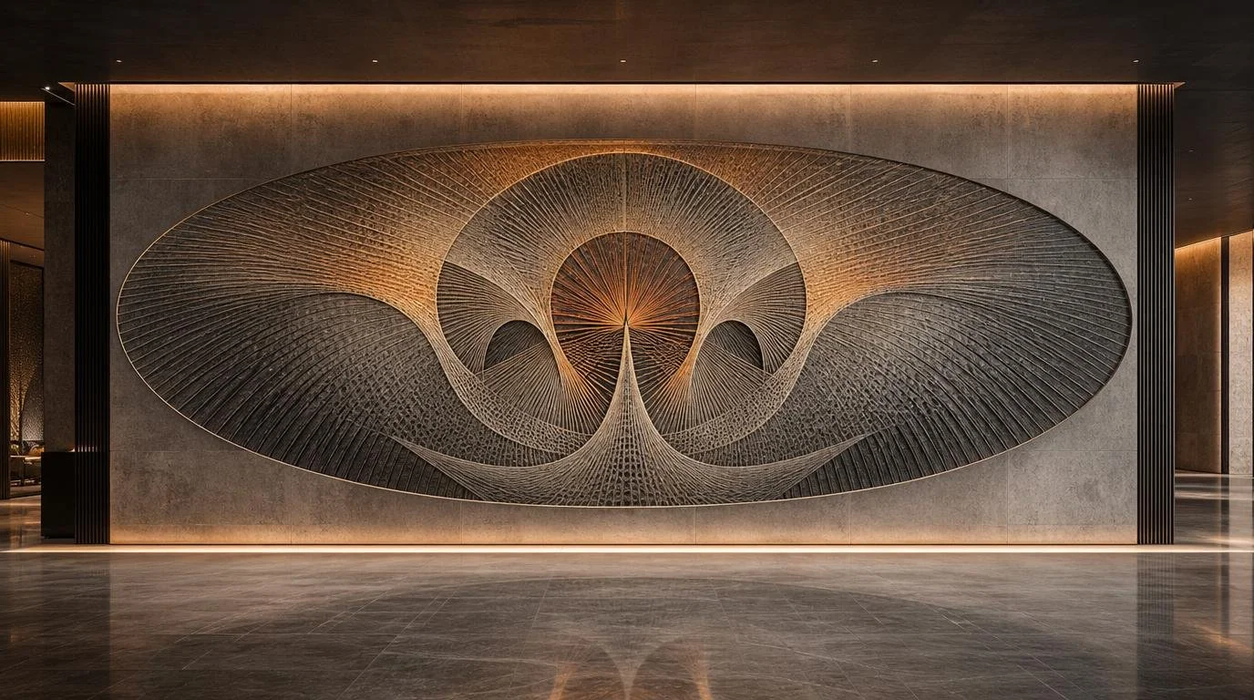 Large horizontal oval wall art stone relief with geometric fluid forms inside a corporate luxury hall