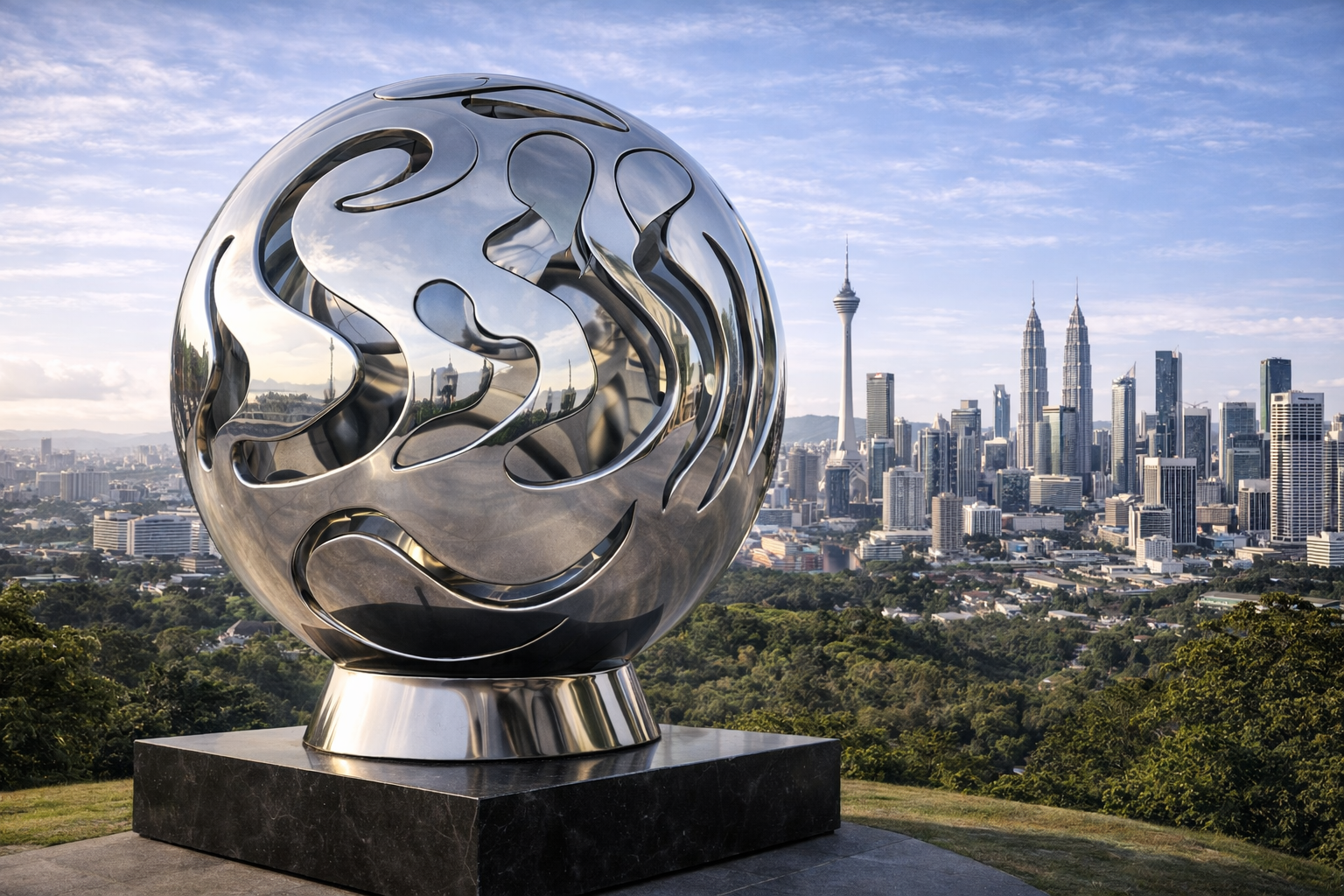 A shiny metal spherical sculpture with abstract cutouts, mounted on a black pedestal, overlooking the Kuala Lumpur skyline with the Petronas Towers and Kuala Lumpur Tower in the background during daytime.