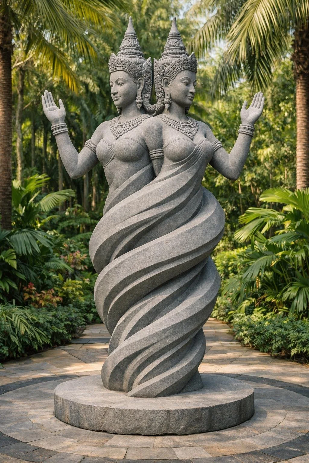 Contemporary Monumental Statue, carved stone, two khmer divines. By Solaro Art Collection.