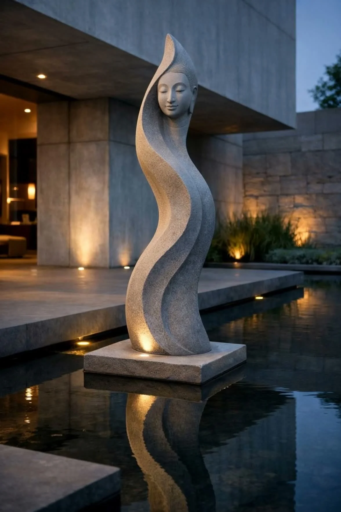 A sculpture of a serene woman's face with closed eyes, carved into a curving stone structure, standing in a pool of water at dusk, with a modern building in the background.
