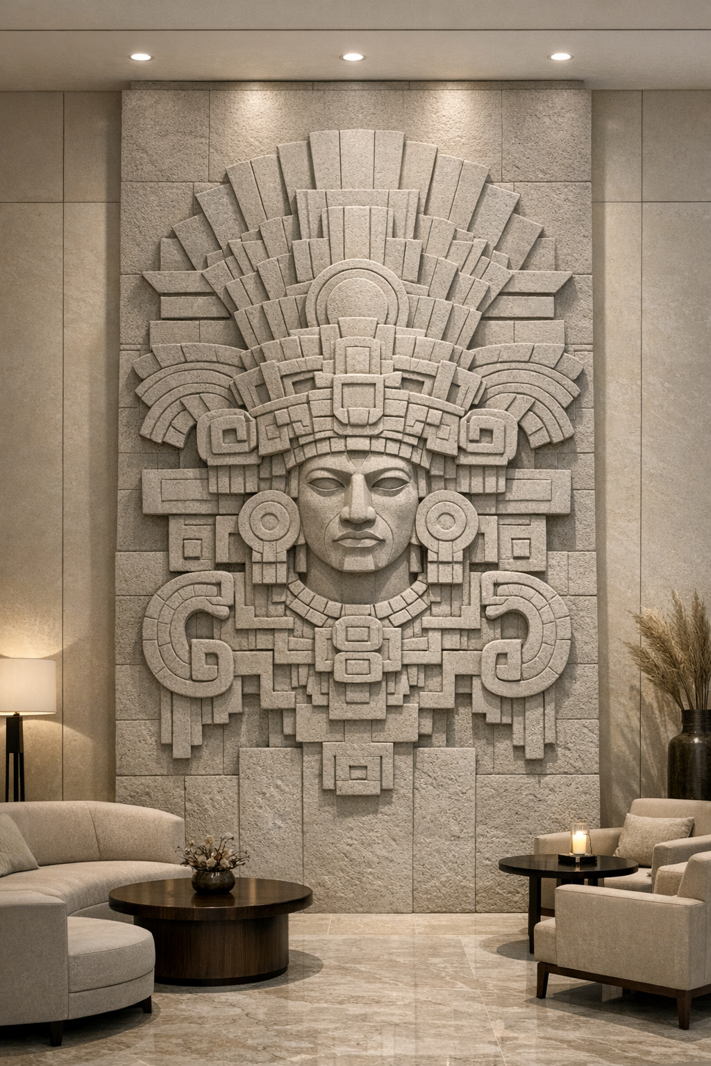 Vertical wall sculpture carved in grey sandstone, inspired by Mayan aesthetics. A masculine figure with an elaborate ceremonial headdress emerges in deep relief, creating a powerful and timeless architectural presence.  BY Solaro Art Collection.