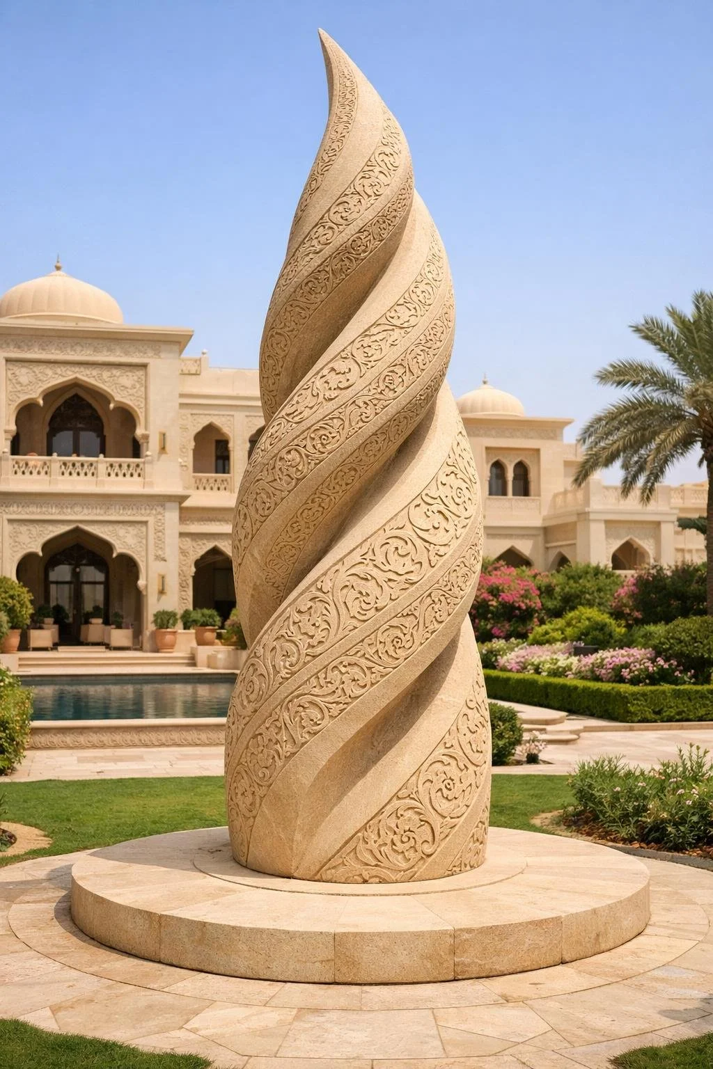 Large outdoor sculpture with helocoid desing and arabesque patterns in natural kulen sandstone. Solaro Art Collection