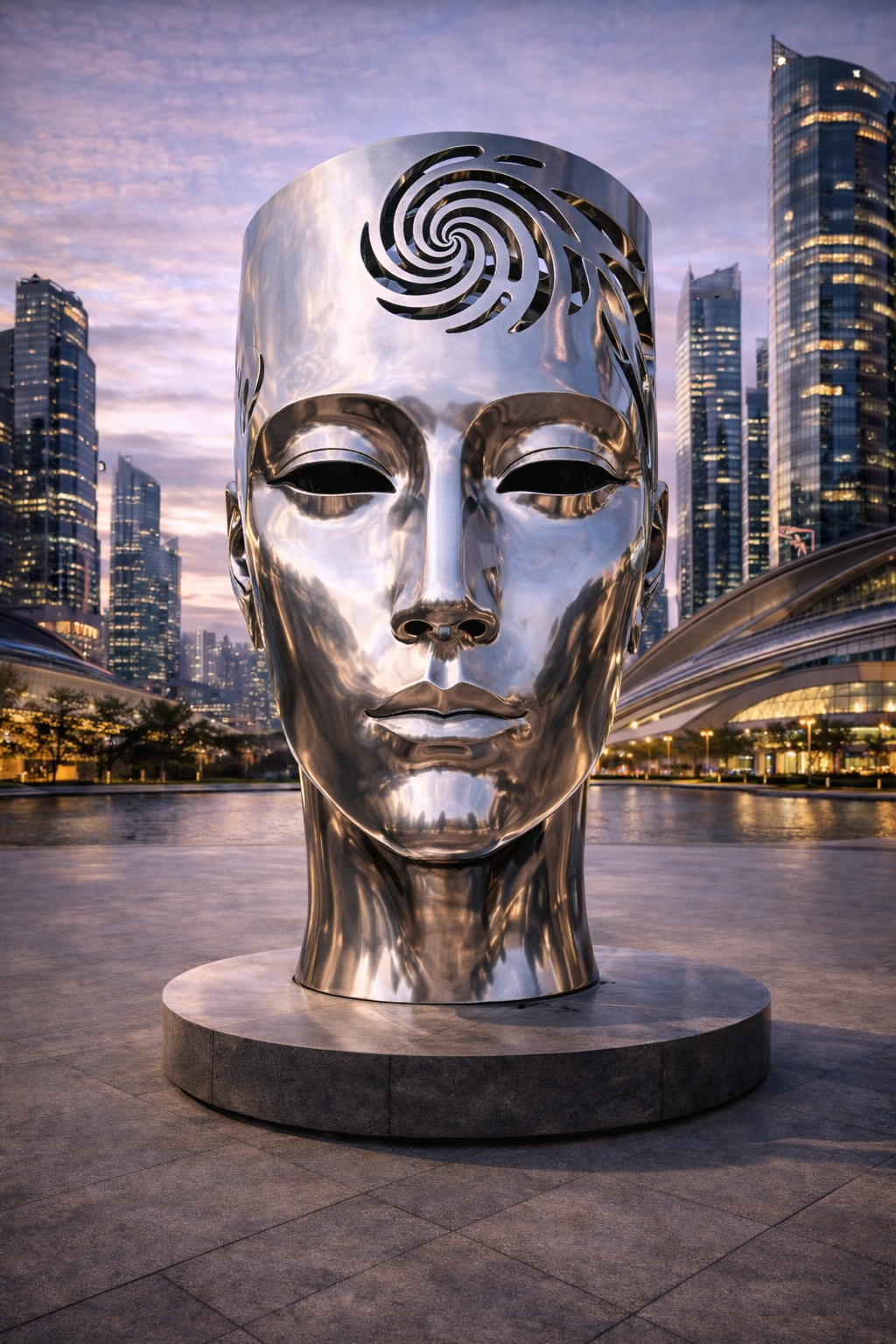 Colossal Mirror Steel Face Sculpture for modern urban spaces.