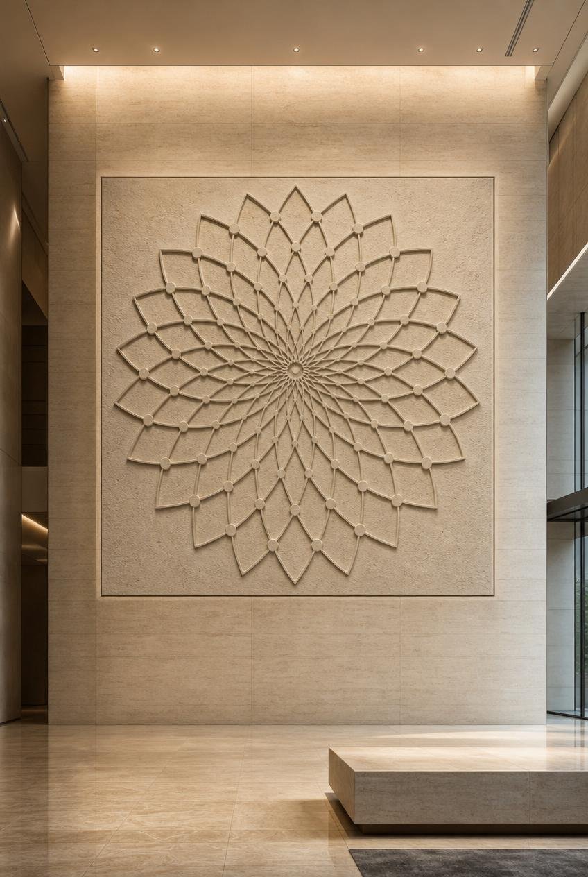 Large Geometric Mandala Wall Sculpture in Sandstone for luxury corporate lobbies