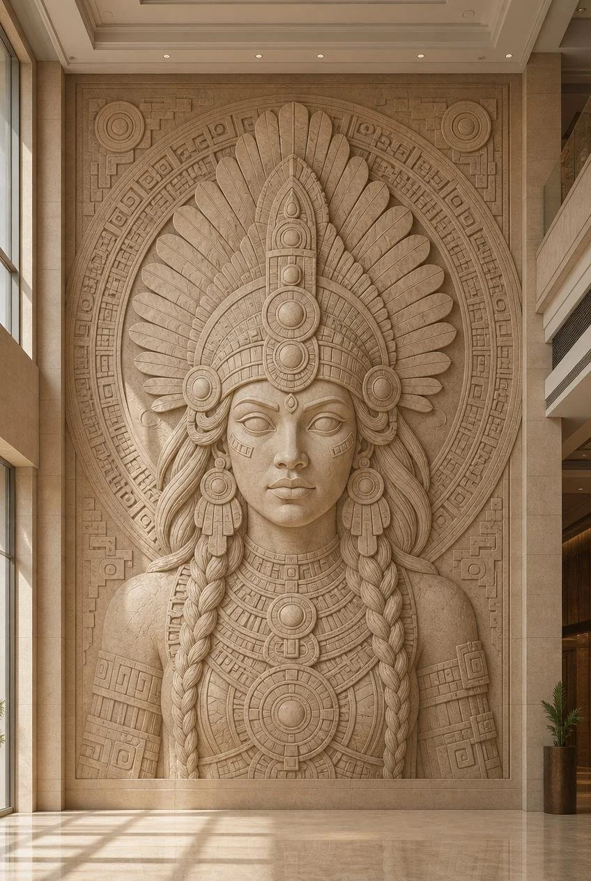 Large-Scale Mesoamerican Female Guardian Wall Sculpture integrated into a wall of  a luxury lobby