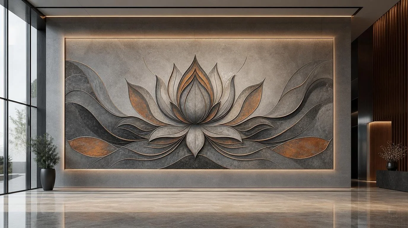 Monumental lotus wall art relief panel inside a luxury wellness center