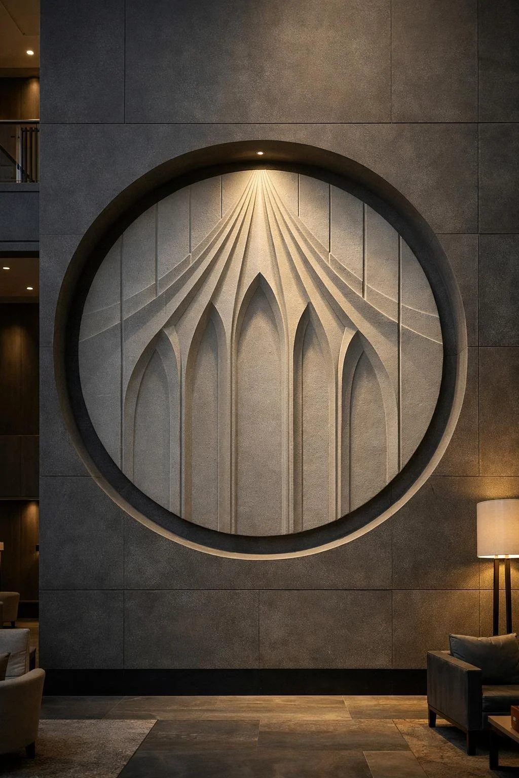 Custom large scale circular wall sculpture. Solaro Art Collection.