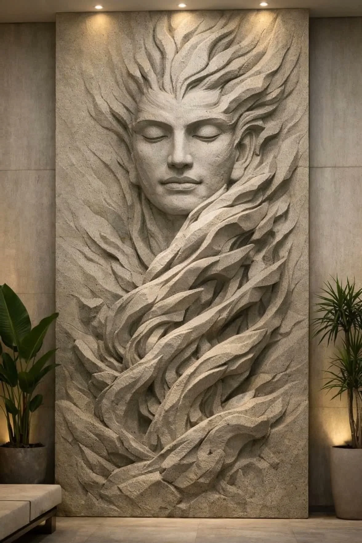 Carved stone wall art stone sculpture of a serene woman's face with flowing hair, flanked by potted plants.