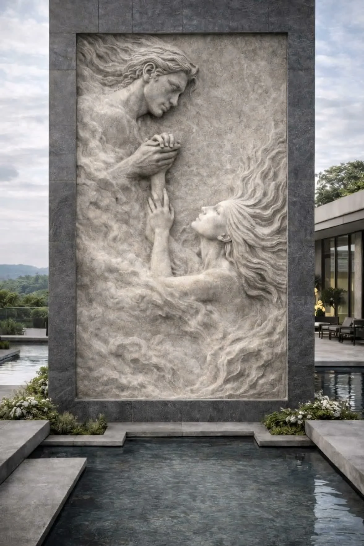 A large stone relief sculpture depicting a man and a woman with flowing hair, holding hands and gazing at each other, set on a modern building exterior with a pool and greenery in the background.