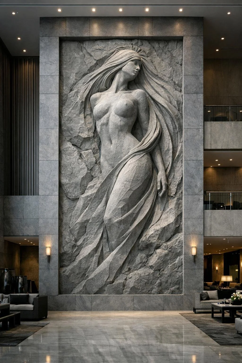 Monumental Contemporary stone-carved sculpture of an abstract female sculpture. Unique masterpiece for luxury spaces. Solaro Art Collection
