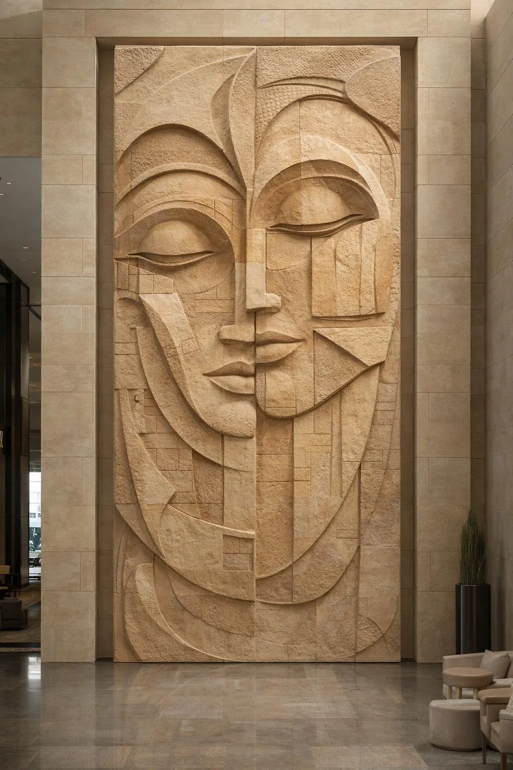 Monumental cubist vertical wall sculpture, abstract dual face. Ideal for luxury hotels, spas or public spaces. Exclusive Art wrok made to order. Solaro Art