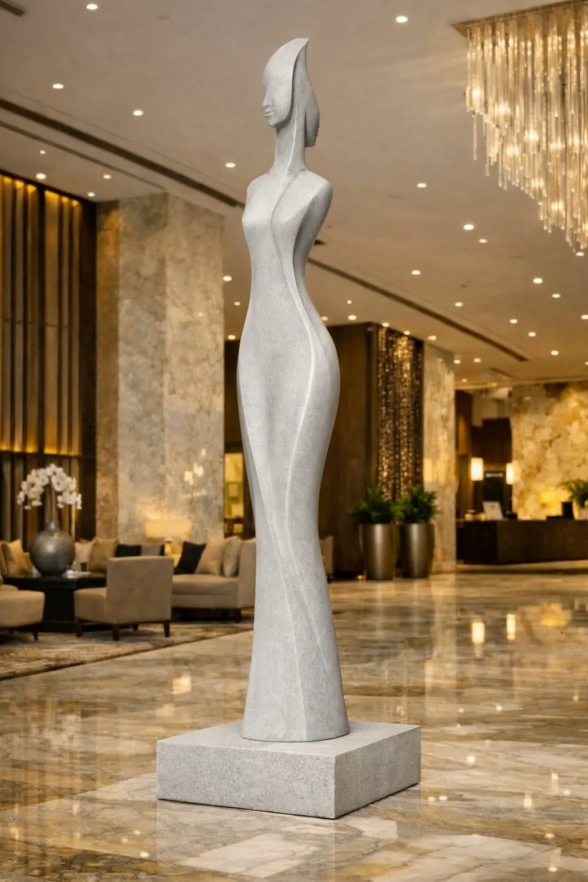 A modern sculpture of a slender, abstract woman, standing on a rectangular base in the lobby of a luxurious hotel or building, with a terrazzo floor, elegant furniture, and warm lighting.