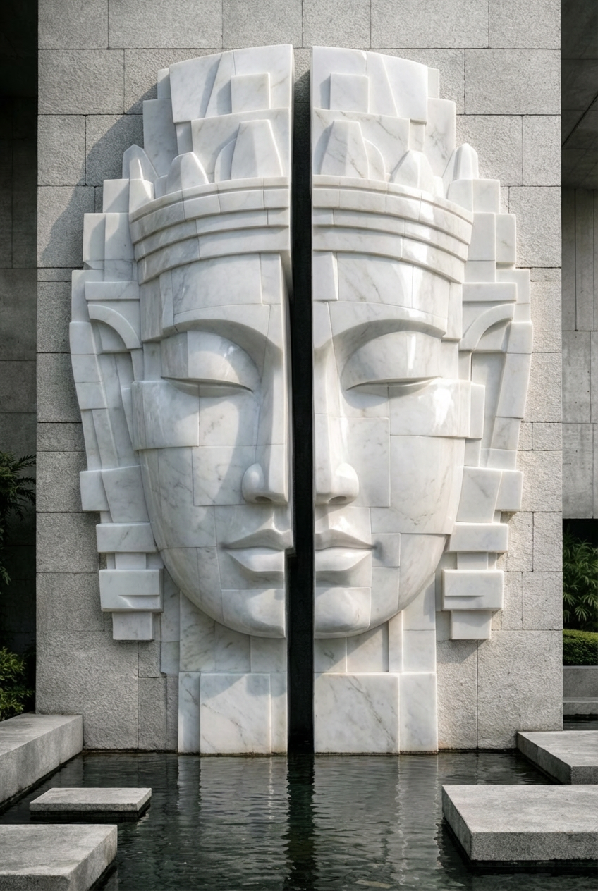 Monumental white marble mural inspired by Mayan aesthetics, standing approximately 4 meters high and 2.5 meters wide. A bespoke architectural sculpture combining sacred geometry, serenity, and refined craftsmanship for luxury spaces. Solaro Art