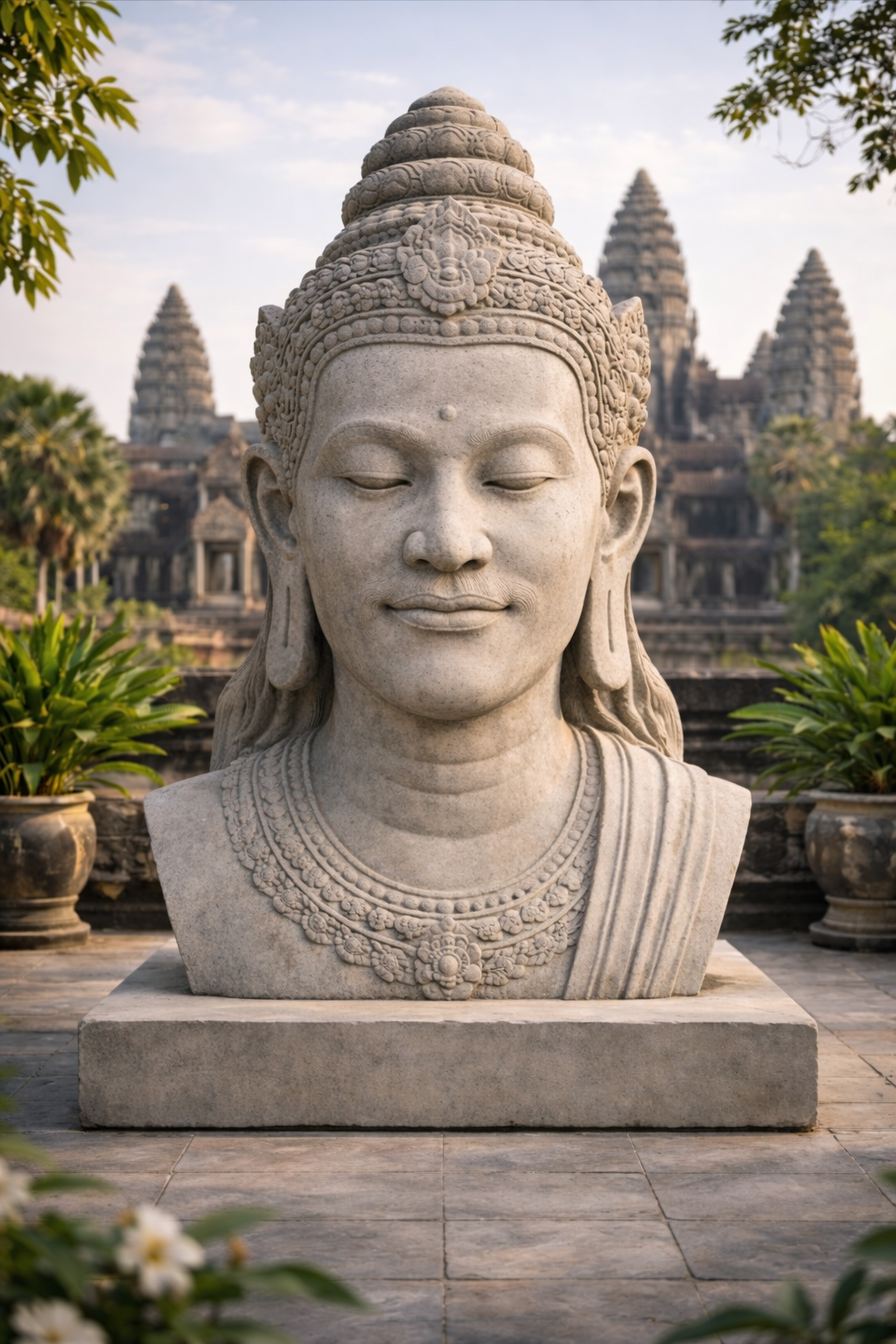 Close-up of a carved stone bust of a serene smiling figure wearing intricate jewelry, with ancient temple towers in the background. Contemporary sculpture , unique piece. Solaro Art Collection.