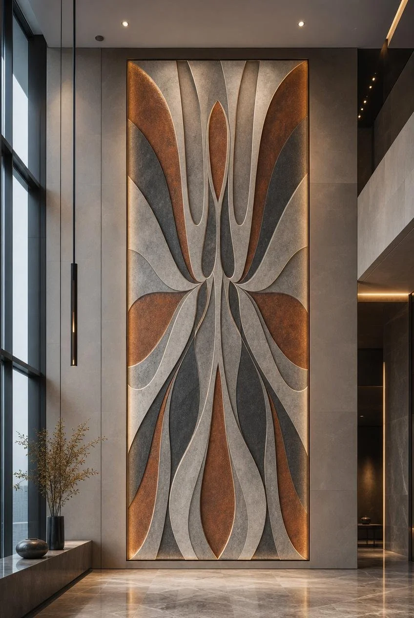 Large abstract wall art relief panel with symmetric vertical flow inside a luxury villa