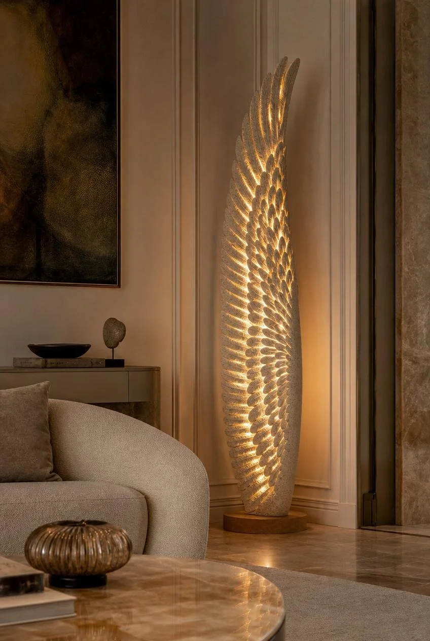 Sandstone lamps sculpture with vertical wing shape