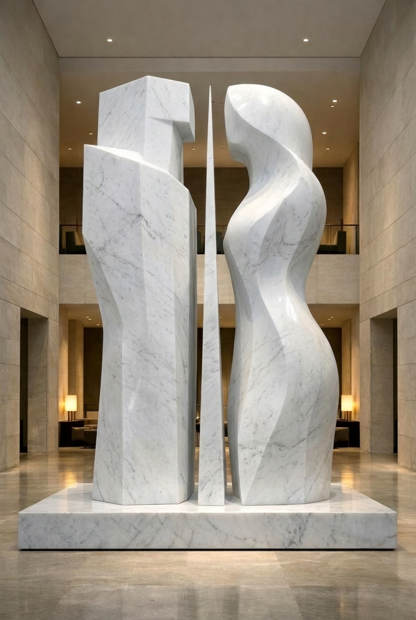 Custom Colossal Abstract white marble statue for luxury architectural places or urban projects. Solaro Art Collection